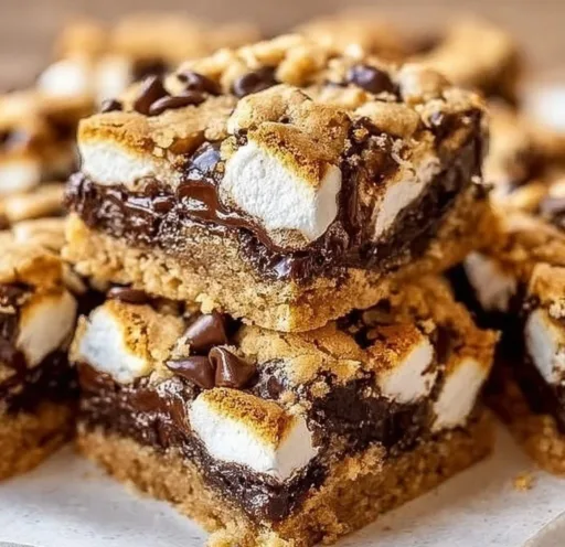 Delicious S'mores Cookie Bars stacked on a plate with melted chocolate and marshmallows.