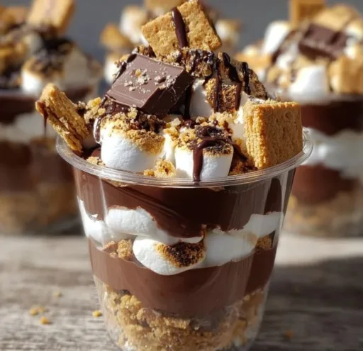 Delicious Smores Pudding Cups with layers of chocolate and marshmallow