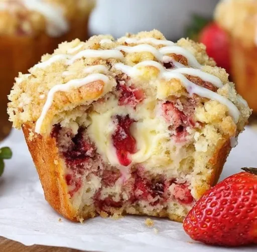 Freshly baked Strawberry Cream Cheese Muffins with a creamy filling