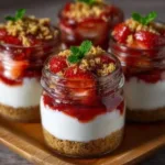 Layered strawberry lemon cheesecake jars with fresh strawberries and lemon zest