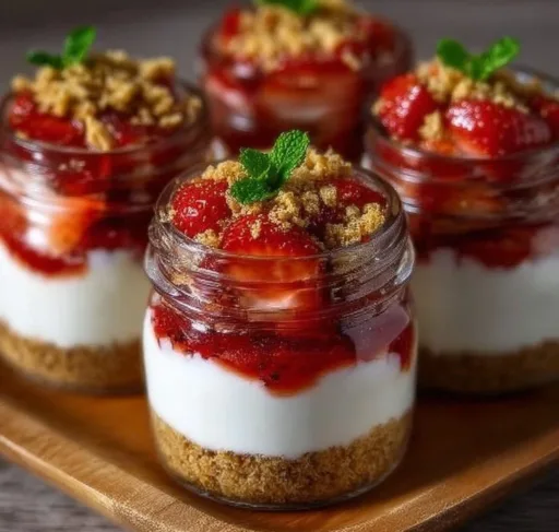 Layered strawberry lemon cheesecake jars with fresh strawberries and lemon zest