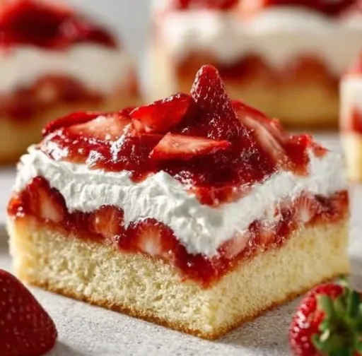 Delicious Strawberry Shortcake Cake topped with fresh strawberries and creamy frosting