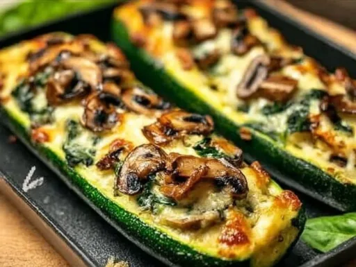 Delicious stuffed zucchini boats filled with vegetables and cheese on a plate.