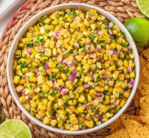 Sweet Corn and Jalapeño Salsa served in a bowl with chips