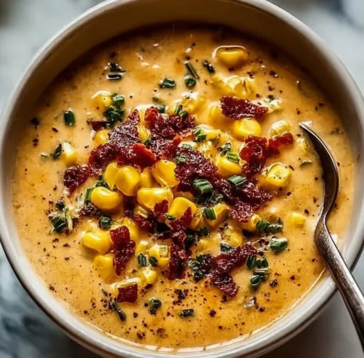 Bowl of delicious, creamy Tomato Corn Chowder garnished with herbs