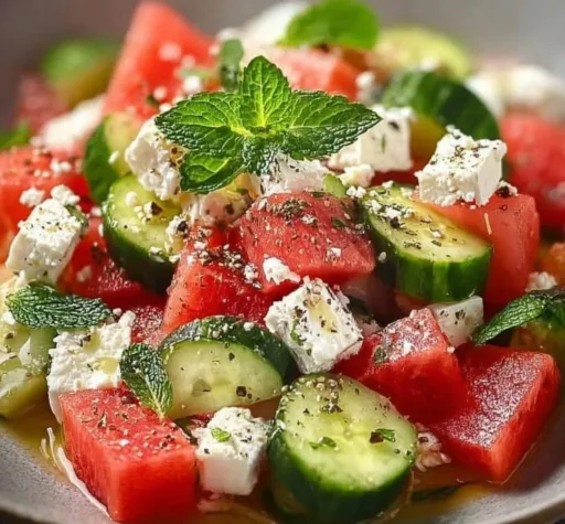 A vibrant bowl of Watermelon Cucumber Feta Salad with fresh ingredients.