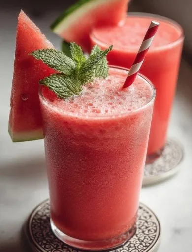 Delicious watermelon smoothie in a glass with mint garnish