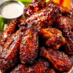 Delicious baked BBQ chicken wings served with dipping sauce