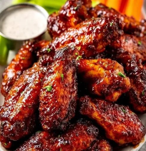 Delicious baked BBQ chicken wings served with dipping sauce