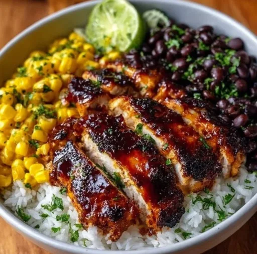 Delicious BBQ Chicken Bowls with fresh vegetables and sauce