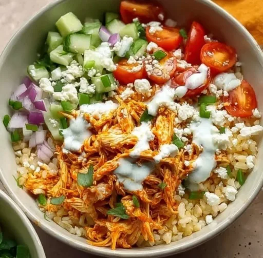 Delicious Buffalo Chicken Rice Bowl topped with fresh vegetables and spicy sauce
