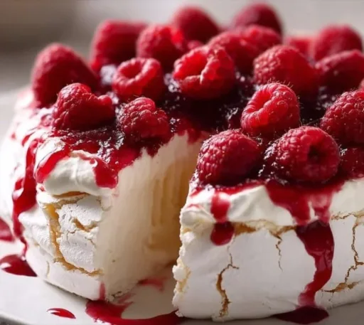 Delicious creamy raspberry pavlova pie topped with fresh raspberries.