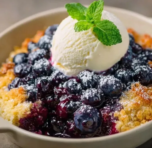 Delicious easy blueberry cobbler served in a bowl with a scoop of ice cream