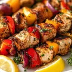 Delicious easy chicken kabobs ready for grilling with colorful vegetables.
