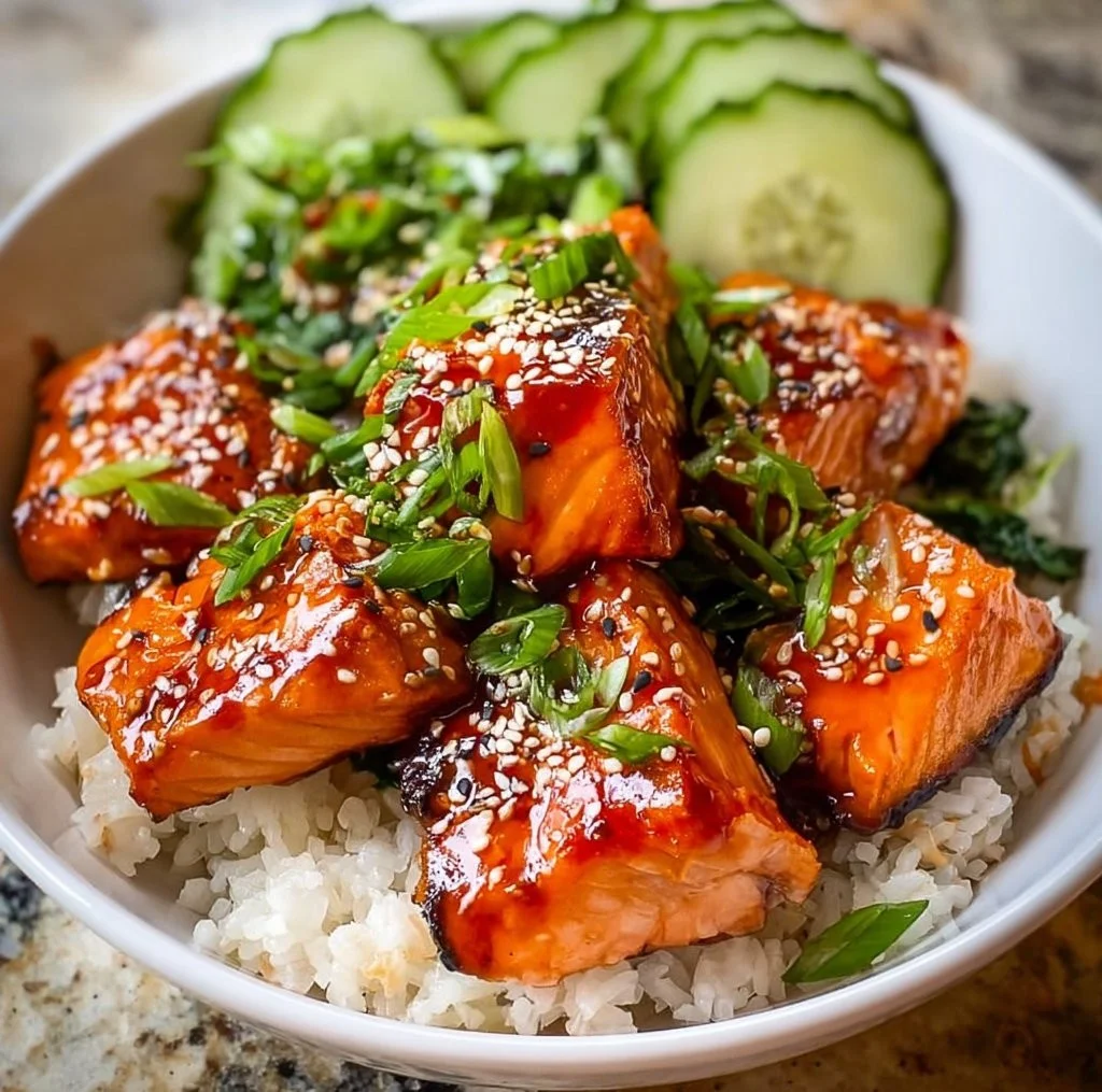 Honey Sriracha Roasted Salmon Rice Bowls
