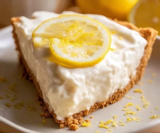 Slice of Lemonade Cream Cheese Pie on a plate with lemon garnish