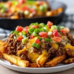 Delicious loaded cheese fries skillet topped with melted cheese and toppings