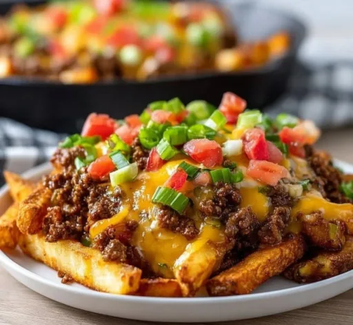 Delicious loaded cheese fries skillet topped with melted cheese and toppings