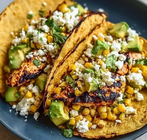 Delicious Mexican street corn chicken tacos with vibrant toppings and flavors