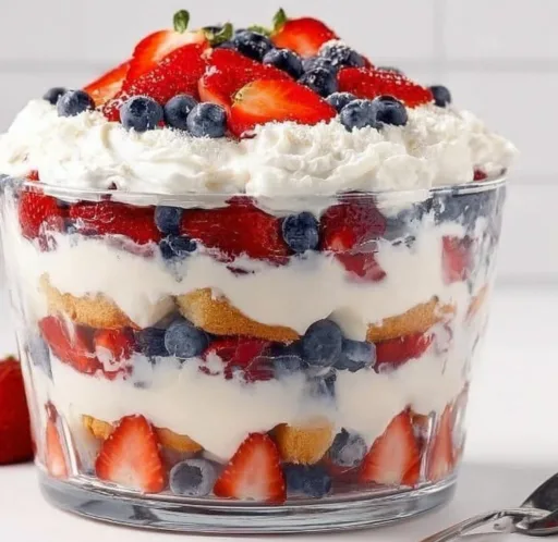 No-Bake 4th of July Trifle with layers of berries and cream