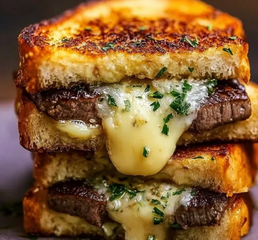 Delicious steak grilled cheese sandwich on a plate