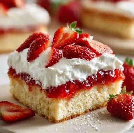 Delicious strawberry shortcake cake topped with fresh strawberries and cream