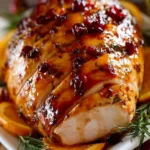 Cranberry Orange Turkey Breast garnished with fresh herbs on a plate