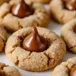 Freshly baked Peanut Butter Blossoms cookies topped with chocolate kisses.
