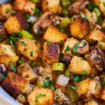 Bowl of rustic sourdough stuffing garnished with herbs