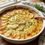 Delicious scalloped potatoes topped with cheese and herbs in a baking dish.