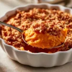 Delicious sweet potato casserole topped with marshmallows and pecans